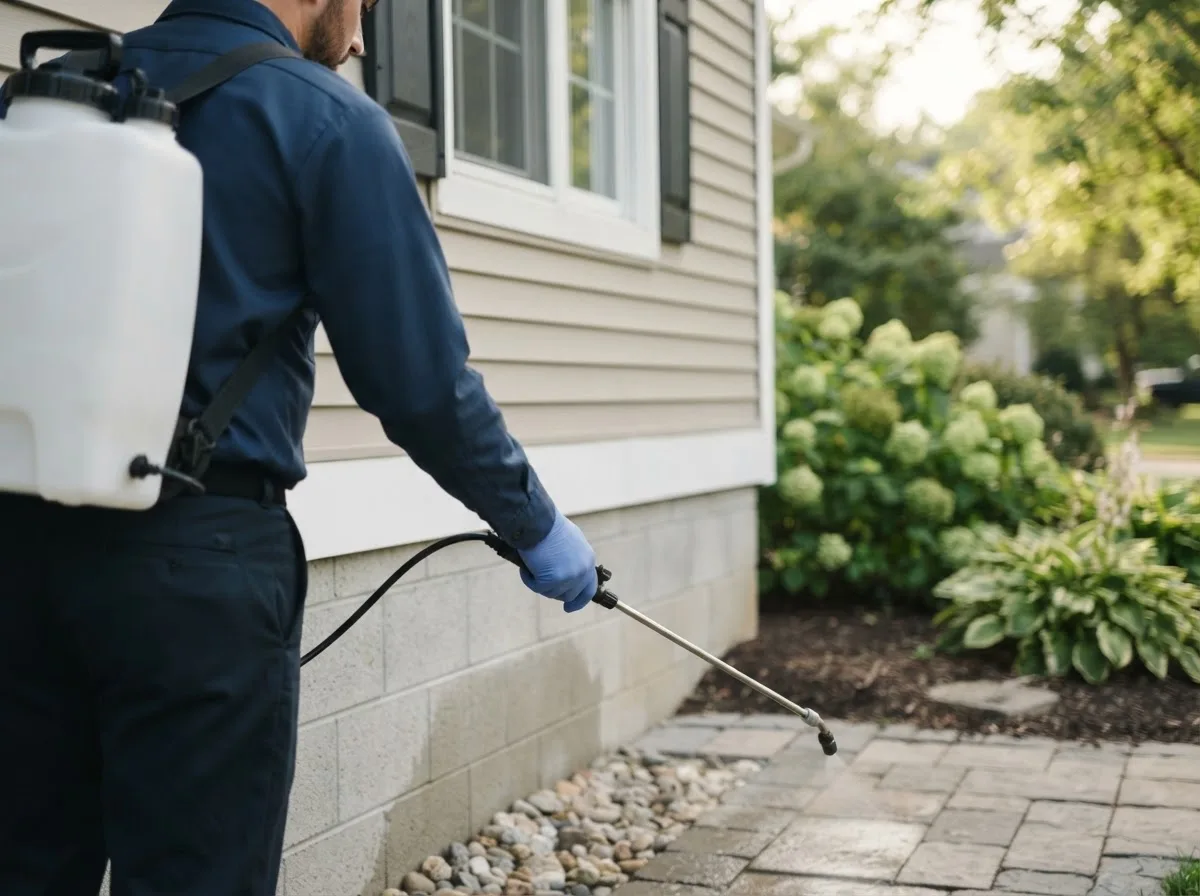 Pest control technician inspecting a home in Dexter City, OH